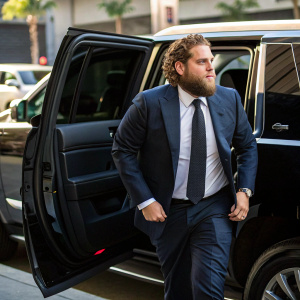 Jonah Hill, sporting a scruffy beard, steps out of a sleek limousine. He's dressed in a sharp suit and tie.