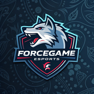 Digital artwork featuring the logo of Forcegame Esports. A fierce wolf's head logo positioned centrally. Dark background filled with intricate patterns. Modern and bold design with vibrant colors and sleek shapes. Text 'Forcegame Esports' displayed prominently.