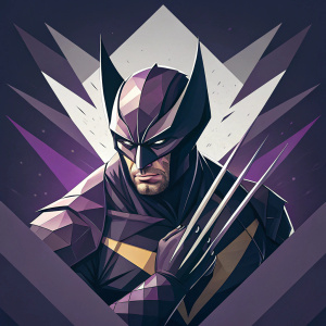 Digital art of Wolverine from the X-Men series. Geometric design with sharp claws. Dark background with purple and gray tones.