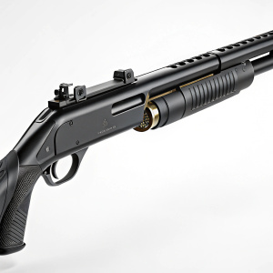 A sleek black shotgun, model Ikelos SG V1.0.2. Features metallic details and specialized attachments. Excellent performance in terms of impact range, stability, and handling.