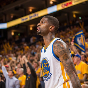 Dorell Wright, intense focus, in a packed arena. Golden State Warriors jersey, tattoos visible, standing amidst cheering fans.