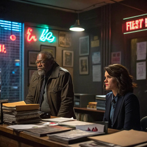 Samuel L. Jackson and Cobie Smulders in a gritty detective office. Dimly lit with neon signs in the background.