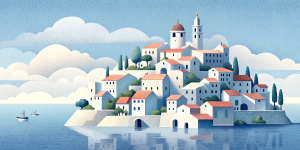 White illustration, Rene magritte style, isolated surrealistic collage of a lot of old italian houses and trees on island, huge ocean and big sky, light pastel colors, asymmetrical composition, zoom out view, grainy texturing paper