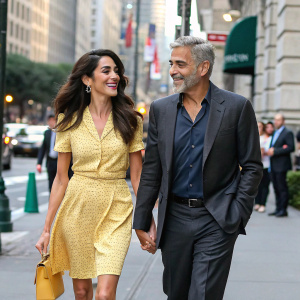 George Clooney and Amal Clooney, walking on a bustling New York street. They are holding hands and smiling.
