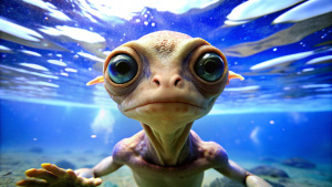 I'm looking at the water, and an amphibious little alien is looking at me from under the water