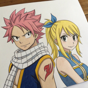Fan art illustration inspired by anime series Fairy Tail. Featuring Natsu Dragneel and Lucy Heartfilia. Hand-drawn with bold lines and mixed colors. Characters have distinct faces and poses. Sketch-like quality.