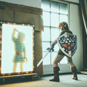 Illustration of Link from Majora's Mask, featuring a black and white pixel art style. Character is in action stance with intricate details. The backdrop is blank.