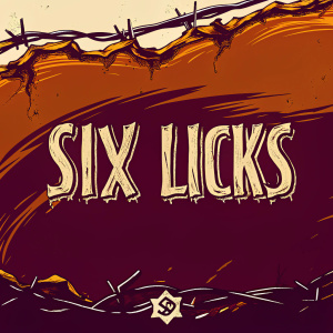 Raw, edgy logo design for 'Six Licks'. Black and white color palette, distressed texture