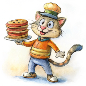 A rubberhose cartoon cat with giant pie-cut eyes, wearing oversized gloves and a jaunty beret, balancing a stack of wobbling pies. --style 1930s animation, vibrant colors, bold lines