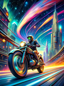 Big motorcycle at super speed in a city at night. Dark background with stars