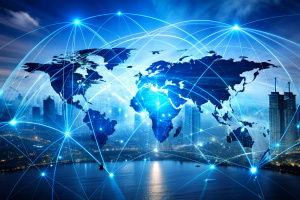 Abstract world map, concept of global network and connectivity, international data transfer and cyber technology, worldwide business, information exchange and telecommunication 