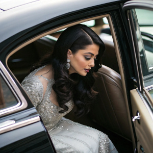 Aishwarya Rai Bachchan, emerging from a vintage Rolls-Royce with dark leather interior. Close-up high-resolution photo. Long dark hair cascading over her shoulders. Dressed in a shimmering silver gown with intricate embroidery.