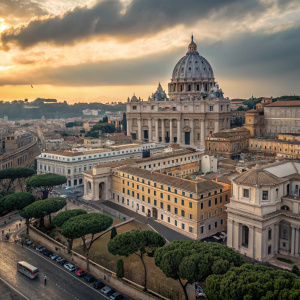 Aerial view of Vatican City, St. Peter's Basilica dominates the skyline with its iconic dome. Surrounding buildings in various colors, including beige and gray, create a picturesque scene. Small, uniquely shaped structures点缀其间。前方有较小的建筑和树木，道路上有车辆行驶。