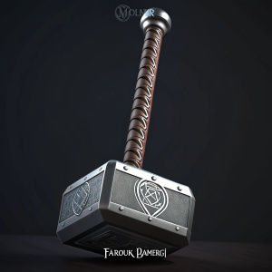 Farouk Damergi's digital art, showcasing Thor's hammer, Mjolnir. Hammer, predominantly gray, features intricate designs. Dark background highlights hammer's details. Farouk Damergi's logo subtly placed below. Sleek and dramatic overall aesthetic.