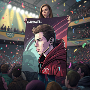 A young woman holding a poster with Hardwell's face. Hardwell is a famous DJ. The poster has a serious expression of Hardwell. She is standing in a crowded concert venue.
