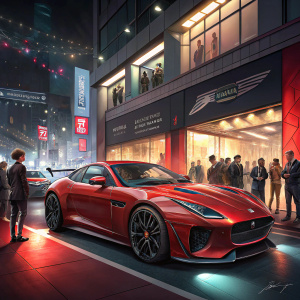 The sleek, crimson-hued Jaguar F-TYPE SVR showcased at an exclusive auto salon. Set amidst a bustling, urban exhibition center, it gleams under bright lights, surrounded by curious onlookers.