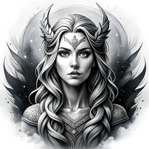 Nordic Godness Snotra - perfect realistic art, high-definition grey and black, white background tattoo design