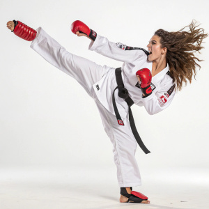 A fierce-looking martial artist, with wavy brown hair, in mid-kick stance. She wears a white karate uniform with black accents and a red protective gear. Solo shot, plain background.