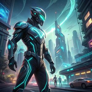 Digital artwork featuring a futuristic character from the Max Steel universe, part of Team Turbo. Character wears a sleek, high-tech suit with glowing accents.