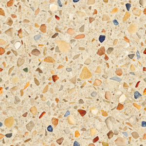 Seamless texture of natural beige Terrazzo marble flooring with multi-colored stone chips resembling granite, quartz, and limestone on a neutral background, perfect for interior design textures.