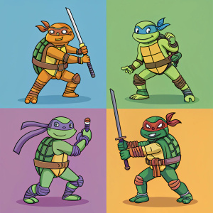 Four anthropomorphic turtles, Leonardo, Michelangelo, Donatello, and Raphael, in a vibrant, comic-inspired art piece. Each turtle is in a dynamic pose, ready for action, with distinct colors and accessories highlighting their unique personalities.
