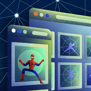 A computer screen displaying 3D modeling software. Spider-Man in various action poses. Dark background with glowing icons and toolbars.