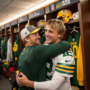 Aaron Rodgers and Zach Wilson, smiling and hugging in a locker room. The room is filled with jerseys and sports equipment.