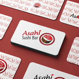 Modern and stylish business cards for Asahi Sushi Bar. Bold, cursive logo with sushi roll graphic. Predominantly white cards with red accents. Grid-like arrangement on red background. Professional and visually appealing design.