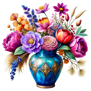 a WATERCOLOR IMAGE, Antique Bohemian Enamel decorated Blue Glass Vase, decorated with gold fine porcelain flowers .THERE ARE IN THE VASE : amaranth peonies , red WEEDS ,burgundy PEONIES, orange Bougainvillea, purple dandelion ,orange  geranium,Narcissus,mint crocusES ,mauve daffodil ,mustard roses ,amaranth Damarion s, ruspberry tulips , pink freesia , lavender, Common Crape Myrtle ,red Watsonia ,ruby tritoma. carmine Chandramallika, burgundy VIOLETS ,lila SISYMBRIUM, CHAMOMILE , teracott