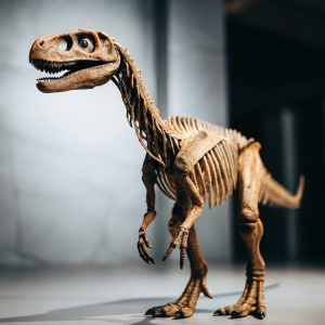 3D digital rendering of Dilophosaurus, skeletal structure visible. Neutral gray backdrop.
