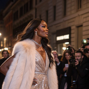 Naomi Campbell, an iconic model with dark skin and flowing hair, dons a shimmering gown and a luxurious fur wrap. She stands confidently at a bustling event in Rome, Italy, amid a sea of attendees.