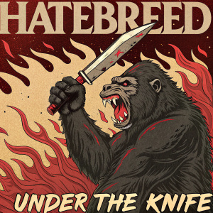 Album cover for Hatebreed's 'Under The Knife'. A fierce, gorilla-like creature with a menacing expression and aggressive stance. The design includes stylized flame-like graphics and the album title prominently displayed.