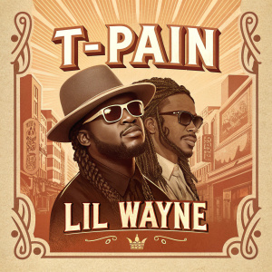Vintage promotional poster for T-Pain and Lil Wayne's album release. Warm sepia tones, intricate design, T-Pain in a top hat and sunglasses.