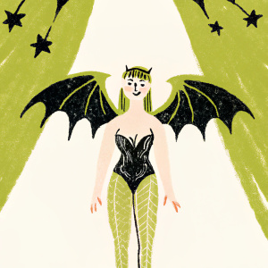 Digital illustration of Morrigan Aensald. Wearing a black bodysuit with wings. Dark purple and blue background. Fantasy theme