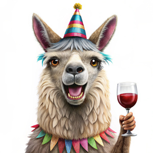wow! A SURPRISED LLAMA WITH AN OPEN MOUTH, A GLASS OF WINE IN HIS PAWS AND A FESTIVE HAT ON HIS HEAD WISHES HAPPY BIRTHDAY PNG ON A WHITE BACKGROUND