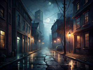 streets of a dark gloomy city at night