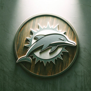The sleek, modern Miami Dolphins logo. Dark green waves and stylized dolphin. Set against a light gray backdrop.