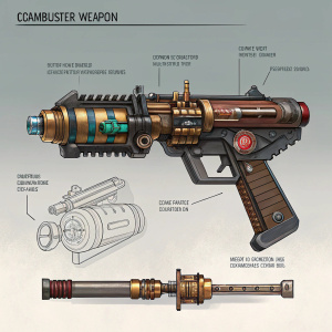 Concept art of the Combuster weapon from Ratchet & Clank series. Illustration includes a detailed view of the weapon's components in a separate inset image.