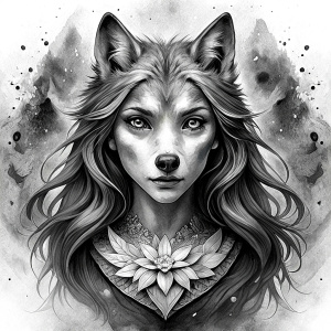 Nordic Godness Ylva She-Wolf - perfect realistic art, high-definition grey and black, white background tattoo design