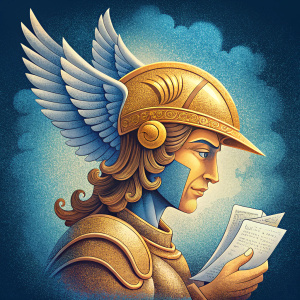 winged helmet of hermes from mythology in profile laughing a lot with letter in hand
