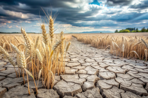 Drought, cracked land, dead wheat crop on the plantation.Muted color tones, gray, beige.Scandinavian style