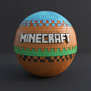 Spherical Minecraft-themed avatar. Pixelated blocks forming the shape. Text reads 'Minecraft' in the iconic font.