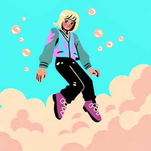 Illustration of a character from JoJo's Bizarre Adventure. Blonde hair, blue jacket with feminine details, casual purple and gray outfit. Character is mid-jump, surrounded by soft clouds and floating bubbles. Background has a vibrant, cartoon-like illustration style.