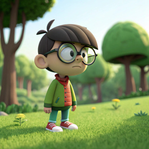 3D rendering of a character from Ed, Edd n Eddy. Edd, with his iconic bowl cut and glasses, displays a quizzical expression. The background is a vibrant green park
