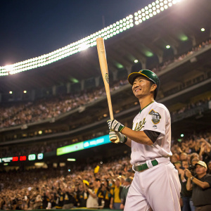 Nori Aoki, baseball player, posing with a bat in a stadium. Crowd cheering in background.