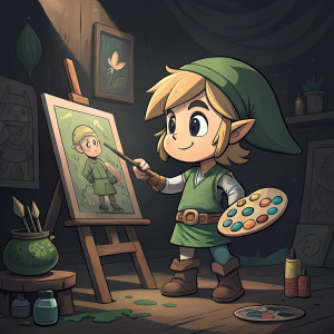 Link from The Legend of Zelda, wearing classic green tunic, painting in dark studio. Flat cartoon style, emphasis on artwork and artist. Dark green and light accents