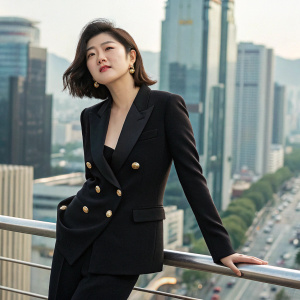 Shim Eun-kyung, South Korean actress, wearing a black blazer with gold buttons. Posing for a magazine shoot. Urban landscape backdrop.
