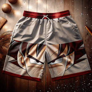 Close-up shot of Dragon Ball Z themed shorts. Goku's face printed on the back. The fabric is stretchy, ideal for casual wear. Background is plain white with tiny stars.