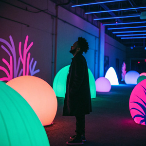 The Weeknd's 'Kiss Land' album cover. Dark room with glowing neon lights, abstract shapes in vibrant colors