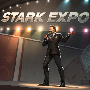 Tony Stark, in sleek black suit, giving an energetic speech. Stark Expo stage. Stark Expo logo visible.